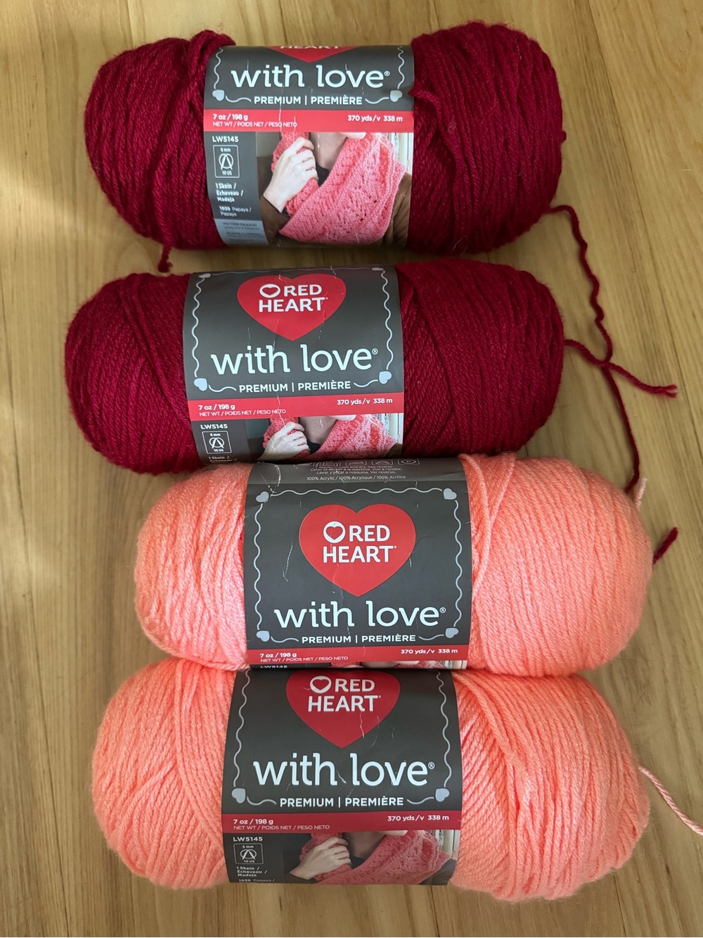 Red Heart With Love Yarn Lot 4 Skeins Berry Red Blushing Peach Acrylic